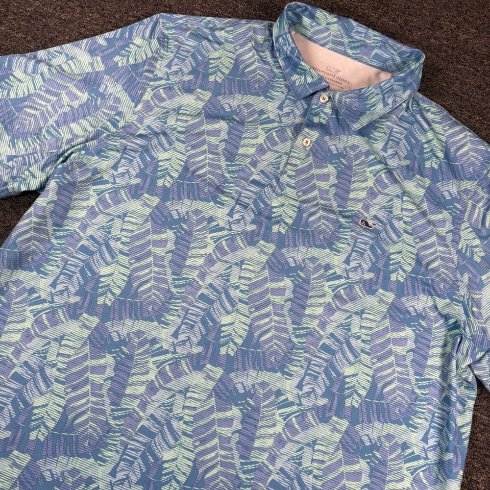 Vineyard Vines Polo Shirt Mens XXL Blue Tropical Palm Leaf Performance Golf Top